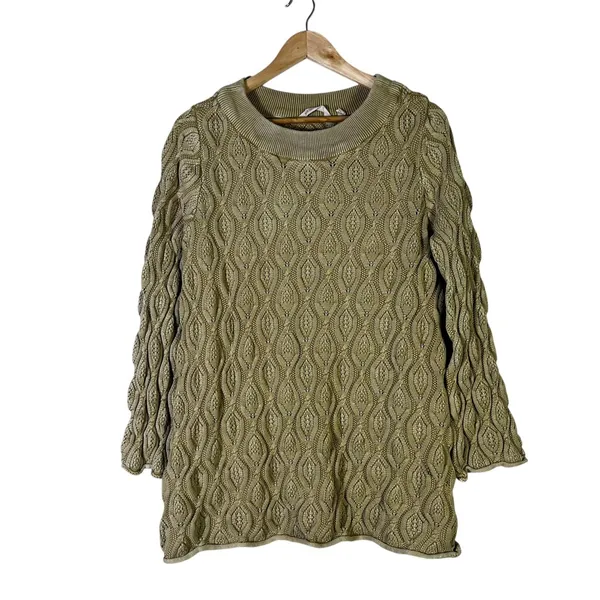 Soft Surroundings Pointelle Open Knit Pullover Sweater Olive Green Boho Size L - Image 2