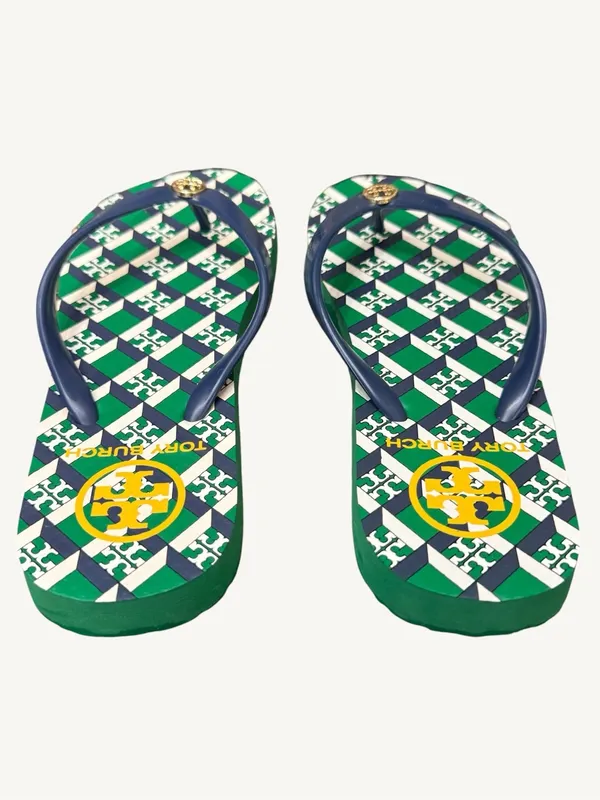 Tory Burch Green, Navy & White Check Logo Flip Flops Size 5 NWOT - Image 4
