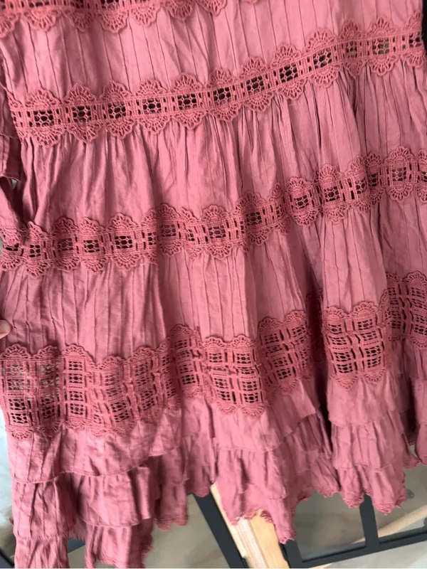 eyelet ruffle Corsair Frill Tier Dress Vintage Rose rust long sleeve - Image 7
