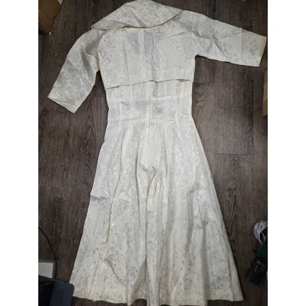 Vintage 1950s Brocade Antique Wedding Bride Dress with Jacket Small Cream Ivory - Image 8
