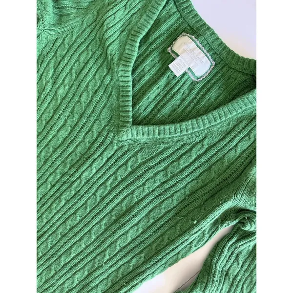 VTG American Eagle Sweater Women Medium Green V Neck Cable Knit Pullover Y2K‎ - Image 2