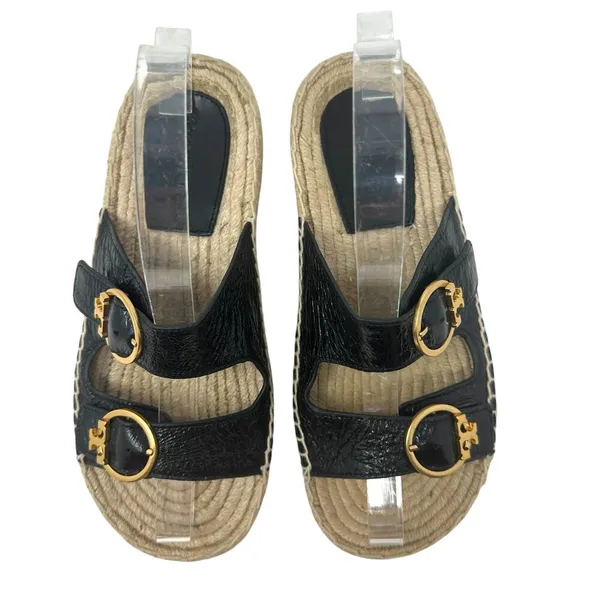 Tory Burch Selby Patent Leather Espadrille Slide Sandals Black Size US 6.5‎ - Image 4