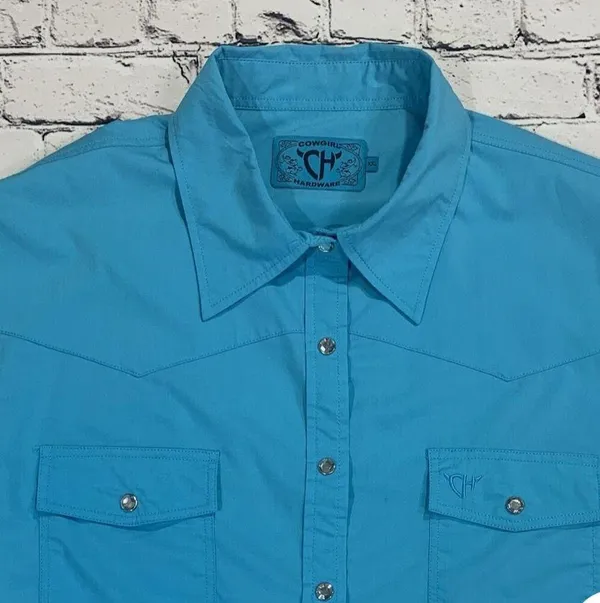 Cowgirl Hardware Bamboo Western Pearl Rhinestone Snap Women’s Aqua Blue Cowgirl Shirt - Image 3
