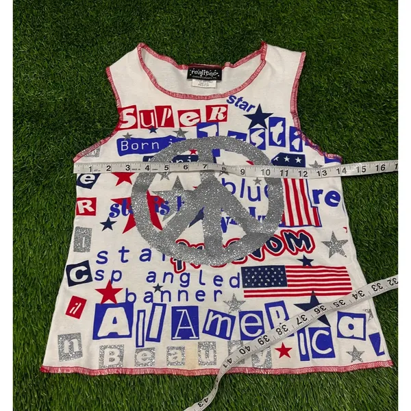 Realitee Y2K USA Patriotic Peace Sign Tank Top Glitter Stars Stripes Made USA M - Image 5