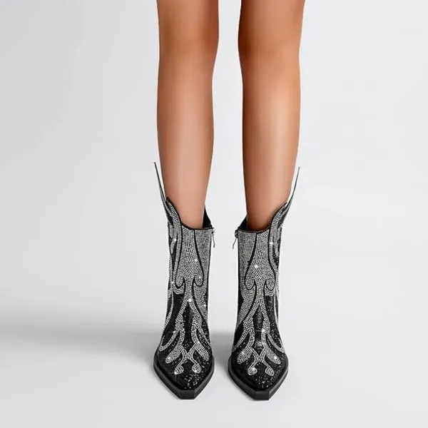 Black Silver Glitter Rhinestone Flame Pattern Cowgirl Ankle Boots US 7 / 7.5 - Image 3