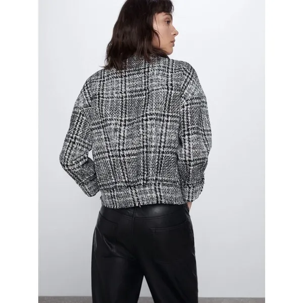 Zara Women's Black White Plaid Tweed Long Sleeve Crew Neck Coat Jacket Top S - Image 5