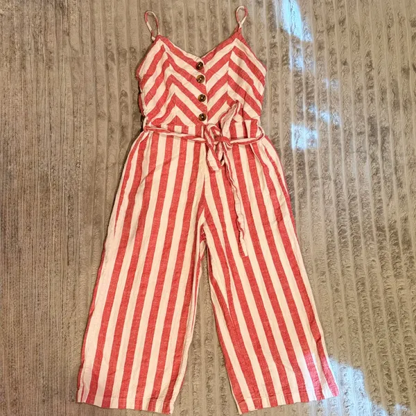 Kensie Jeans Red White Striped Linen Blend Wide Leg Cropped Jumpsuit Medium - Image 2