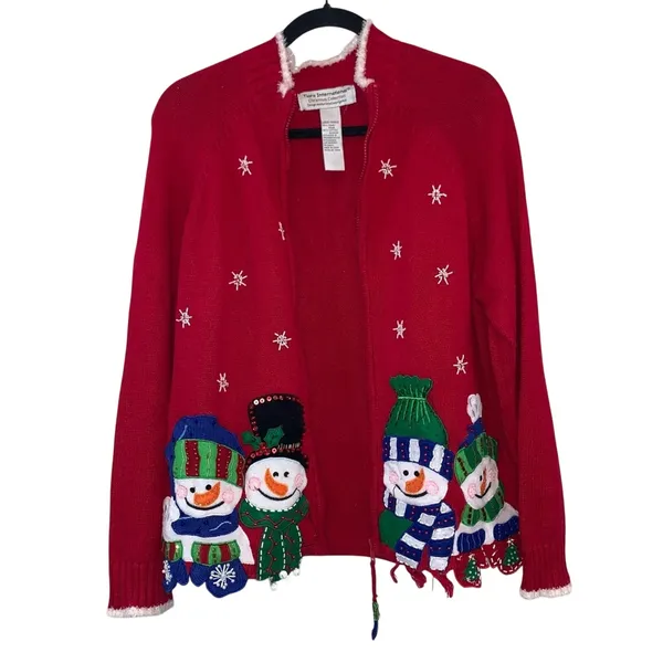 Vintage Ugly Christmas Snowman‎ Sweater Cardigan Tiara International Large Red - Image 2