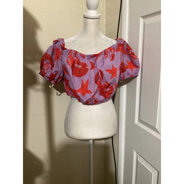 Farm Rio Lobster Sky Crop Top Purple Red Organic Cotton Puff Sleeve NWT Size M - Image 2