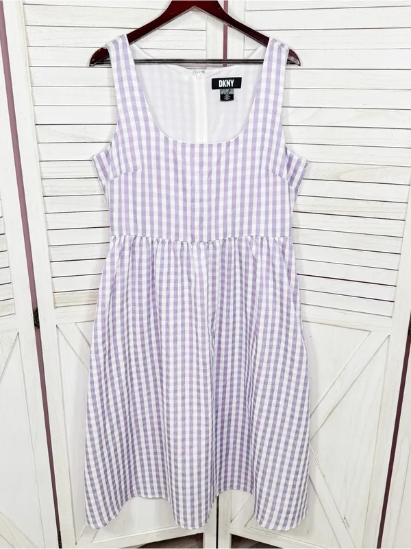 DKNY Gingham Check Square Neck Midi Dress Purple White 12 Cottagecore Sleeveless - Image 8