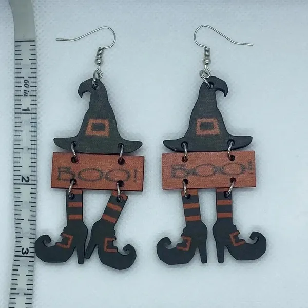 New Halloween Boo witch wooden‎ hook dangle earrings teacher fall artsy - Image 2
