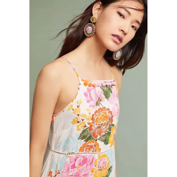 Anthropologie‎ FARM RIO Havana Floral Dress Midi Pom Poms Vacation Large Petite - Image 5