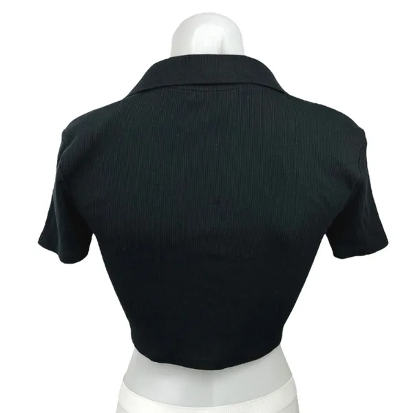 Zara Black V-Neck Collar Ribbed Knit Short Sleeve Polo Shirt Crop Top Size M - Image 2