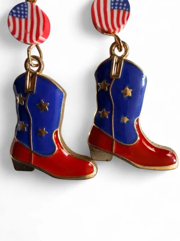 Handmade Patriotic American Flag Cowboy Boot Western Dangle Earrings ❤️🤍💙🤠 - Image 2