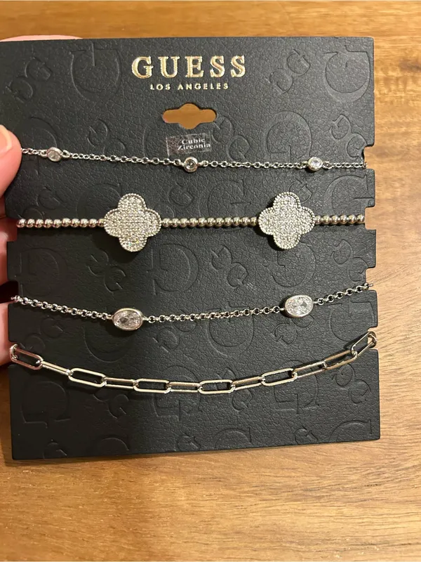 Guess Silver Tone CZ Pave Clover Layered Bracelet Set - Image 3