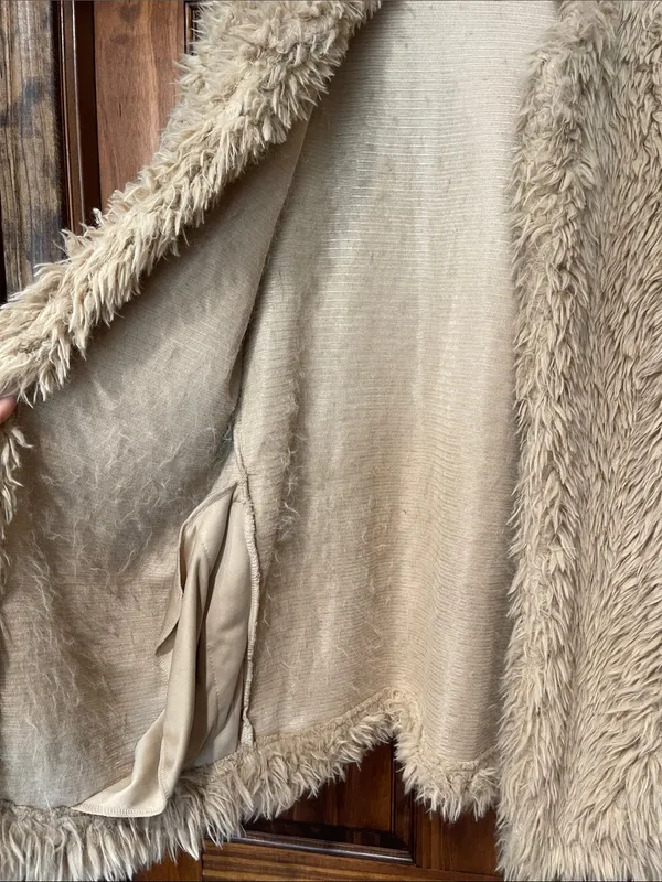 Unbranded Beige Shaggy Faux Fur Coat Open Front Plush Long Sleeve Jacket O/S - Image 2
