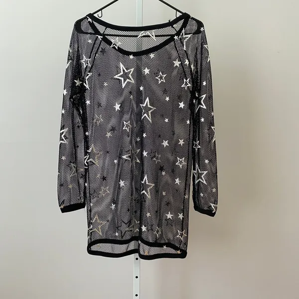 Goth Rave Goth Moody Feminine‎ L Black Mesh Star Print Top Sheer Celestial Rave - Image 5