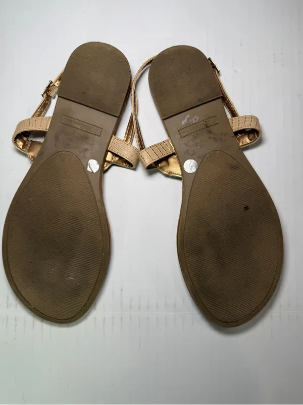 BCBG Gold Jeweled T-Strap Sandals - Tan/Gold - Image 2