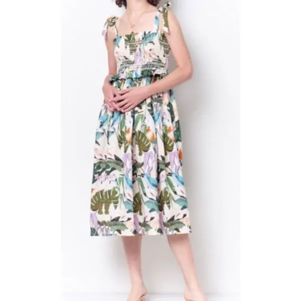 Anthropologie Corey Lynn Calter Olivia Tropical Bird linen smocked midi dress M - Image 2