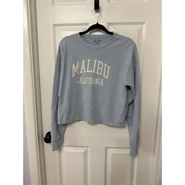 John Galt Malibu California Long Sleeve Graphic Cropped Tee Light Blue Cotton OS - Image 2