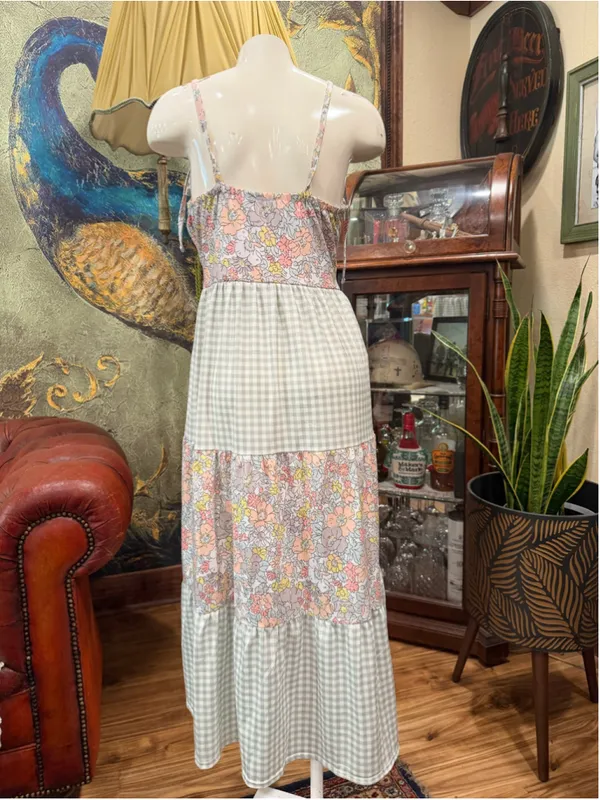 Abby & Evie Floral Gingham Tiered Maxi Dress Medium Cottagecore Summer Tie Strap - Image 5