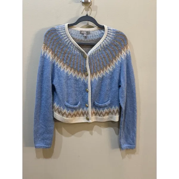 J.Crew Fair Isle Cardigan in Frosted Tundra Snow Brushed Yarn Sweater Medium - Image 2