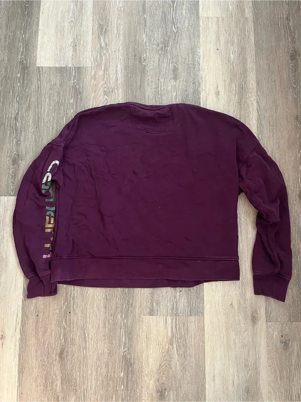 Carhartt Tencel Sweatshirt Womens Large Burgundy Loose Fit Cropped Sleeve Logo - Image 9