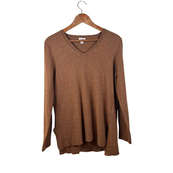 J. Crew Women's M Wool Blend Brown V-Neck Long Sleeve Tunic Sweater Side Slit‎ - Image 2