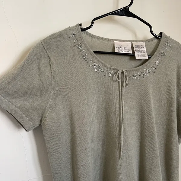 Vintage Sage Green Embroidered Knit Sweater Tee - Image 3
