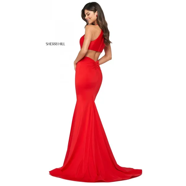 Sherri Hill 53663 Red Halter Jersey Open Back Ruched Gown Dress Size 6 - Image 2
