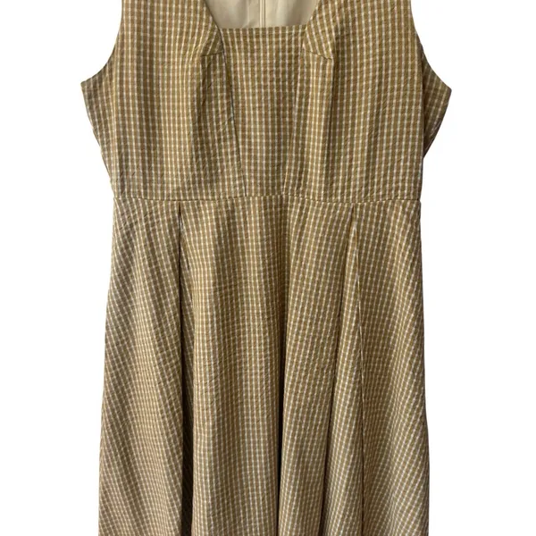 mo:vint Yellow Grey‎ Checkered Square Neck Midi Dress Summer Cottagecore L - Image 4