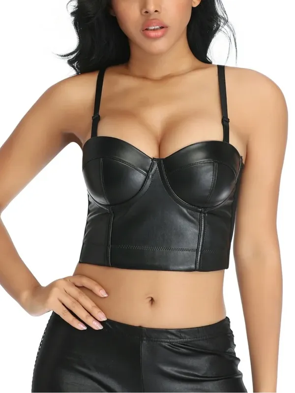 Women's Black Faux Leather Bustier Bra Top - Image 8
