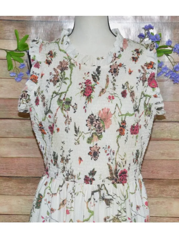 Cream Shabby Chic Floral Smocked Sleeveless Tiered Maxi Dress by Cato Size L - Image 2