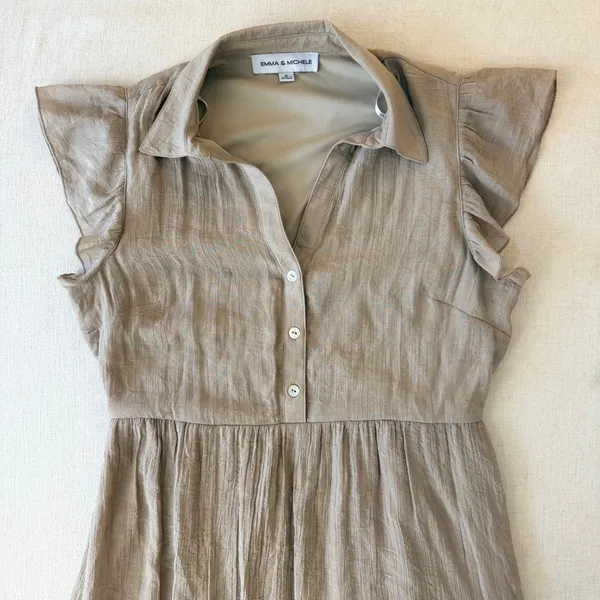 Emma &‎ Michele Shirt Dress Womens Medium Tan Flutter Sleeve Tiered Boho - Image 11