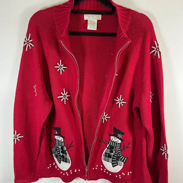 Mandal‎ Bay Red Snowman Christmas Sweater Zip Up Cardigan Beaded Snowflake XL - Image 5