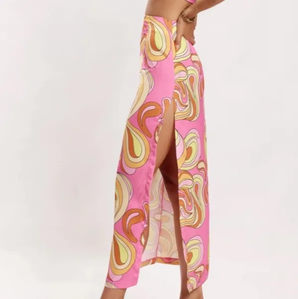 Meshki Frankie Two Tone Skirt Pink & Yellow Swirl Psychedelic Print Medium - Image 2