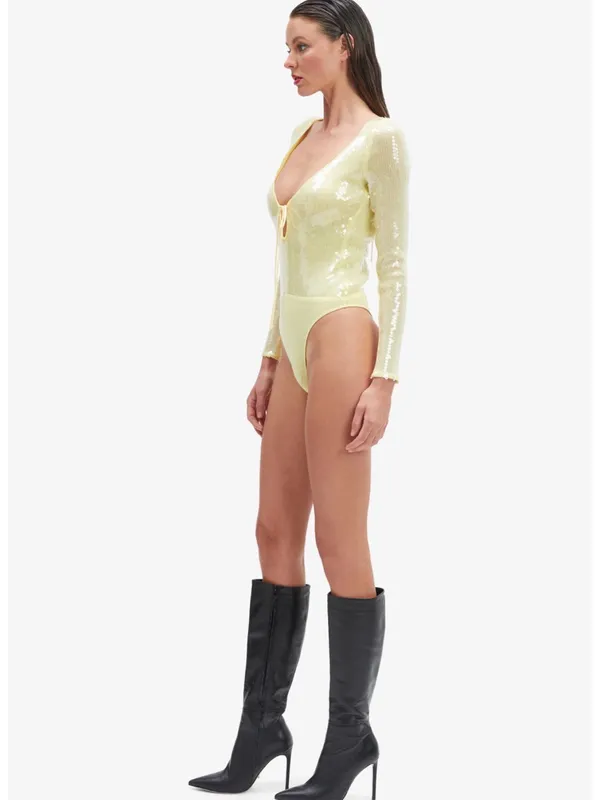 Bardot Verona Sequin Bodysuit In Canary Yellow - Image 8