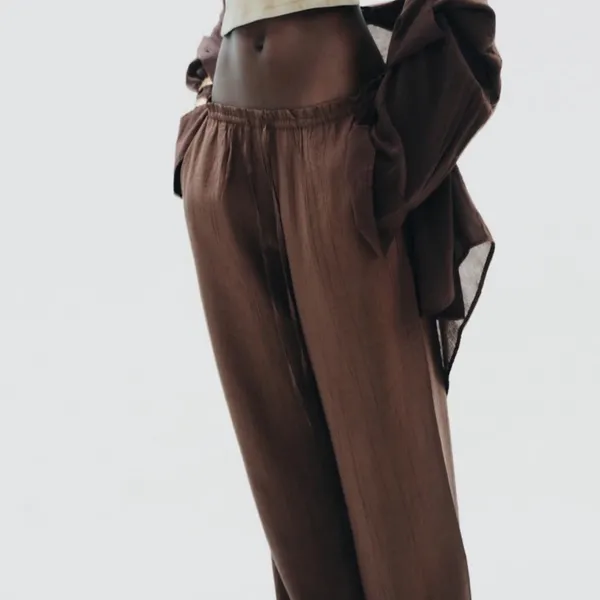 Zara NWT textured weave tan brown wide leg pants - Image 4