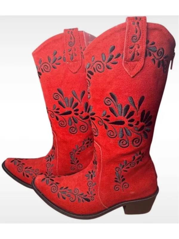 RARE Agave Sky Red Suede Embroidered Floral Western Cowgirl Boots Sz 6 Charro! - Image 3