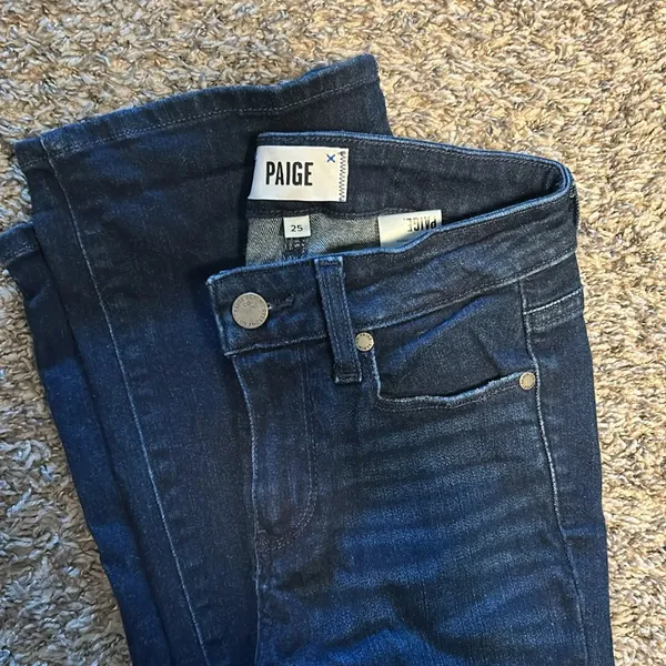 Paige Dark Blue Bell Bottom Denim Jeans - Image 3