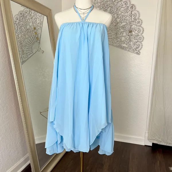 Light Blue Chiffon Halter Flutter Babydoll Asymmetric Mini Dress S - Image 4