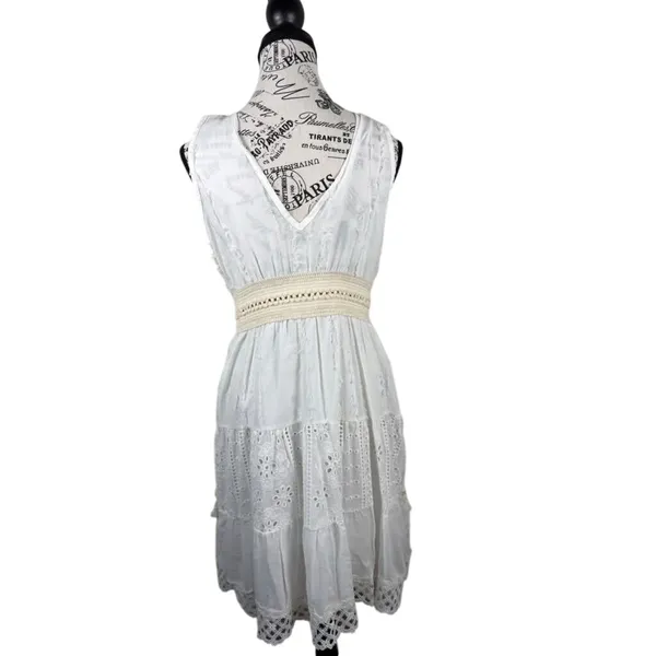 White Eyelet Lace Midi Dress S Boho Crochet Tie Front Made in Italy ART 6163 - Image 3