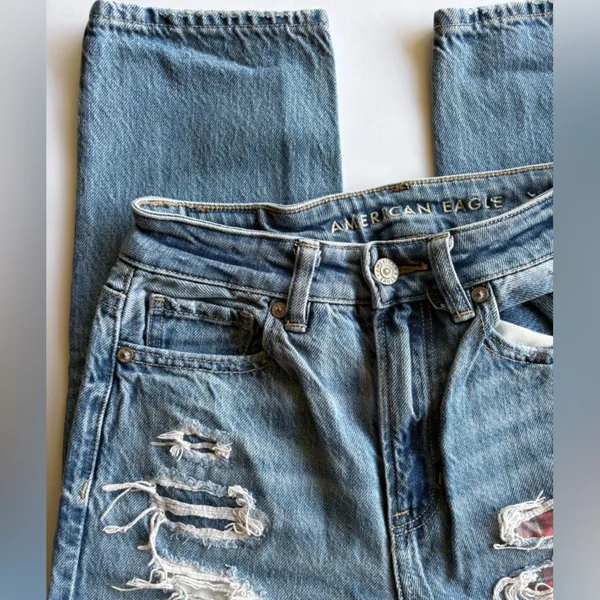 American Eagle Plaid Patchwork Distressed Mom Straight Jean - Image 2