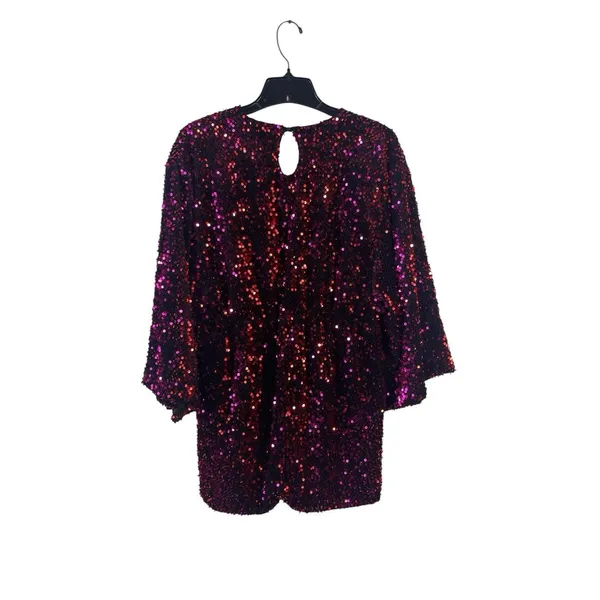 Motel Red & Burgundy Sequin Long Sleeve Romper Women’s M Deep V Party Club - Image 3