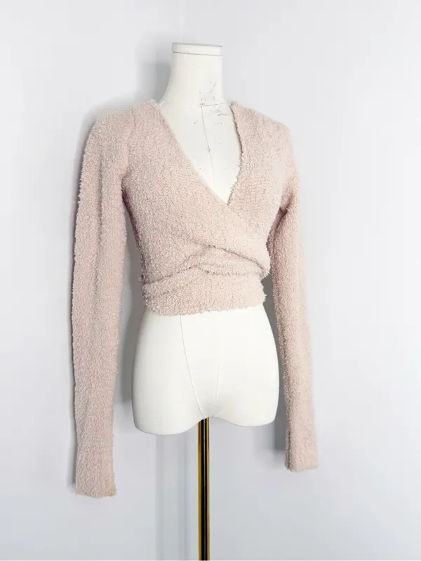 SKIMS Cozy Knit Wrap Sweater Size S/M Cropped Teddy Fuzzy Pink - Image 3