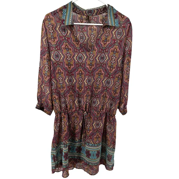Stetson Blouson Dress Printed Collared V Neck 3/4 Sleeve Pink Multicolor Large - Image 2