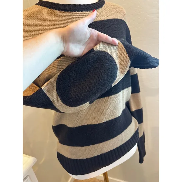 vintage 90s fall wool chocolate brown tan J.Crew Striped Sweater Elbow Patch Black - Image 3