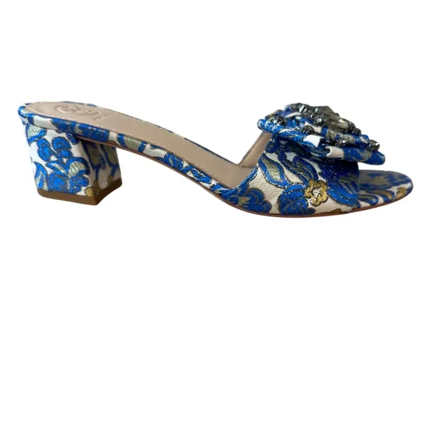 Tory Burch‎ Valentina Brocade Crystal Bow Slide Sandals Blue Gold 8 - Image 12