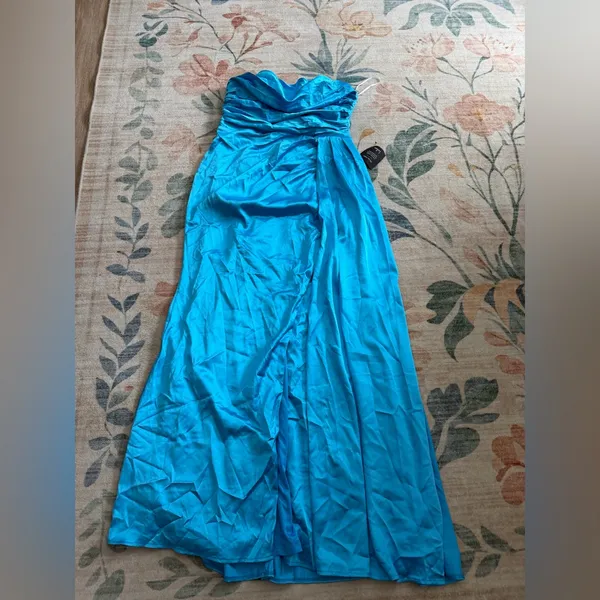 Lulus Ethereal Excellence Teal Blue Satin Pleated Strapless Maxi Dress - Image 6