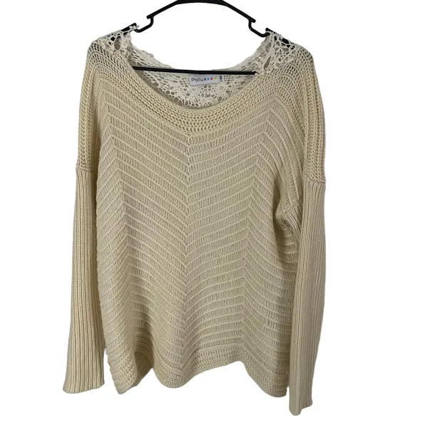 Pollux Size Medium Cream‎ Cottage Boho Floral Lace Back Crochet Sweater - Image 2